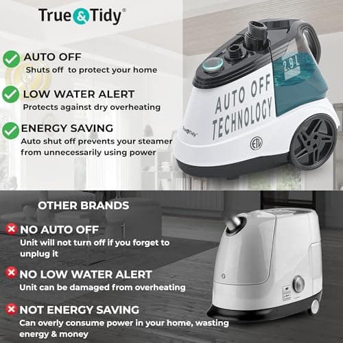 True & Tidy® Heavy Duty Auto Shut-off Commercial Full-Size Garment Steamer, Smart Water Sensor with Beep Alert, 3 Steam Settings, XL 2.9L Tank, 1800 watts, 90+min of Continuous Steam (White, Smart)