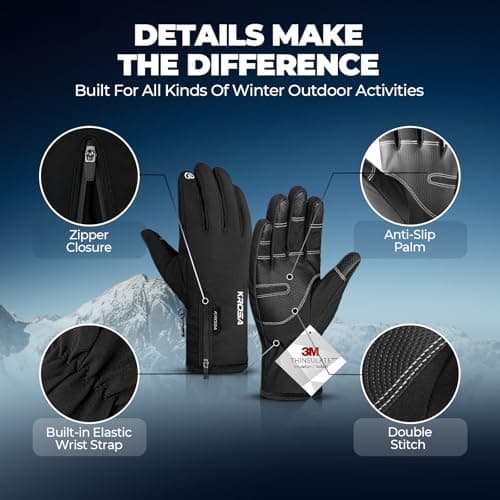 krosa 5-Layer Winter Gloves for Men & Women Made with 3M Thinsulate, -10℉ Waterproof Work Gloves for Cold Weather, Snow Ski Gloves with 10 Touchscreen Fingers