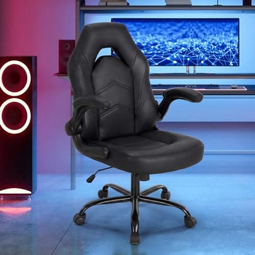 DUMOS Ergonomic Computer Gaming Chair - Home Office Desk with PU Leather Lumbar Support, Height Adjustable Big and Tall Video Game with Flip-up Armrest, Swivel Wheels for Adults, Black