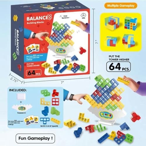 64 Pcs Stacking Tower Game with 22 Cards, Giant Tumble Balance Game for Kids, Family Games for Kids and Adults, Easter Gifts for Teen Boys & Girls, Party Board Game for Kids 6-12 & Adults