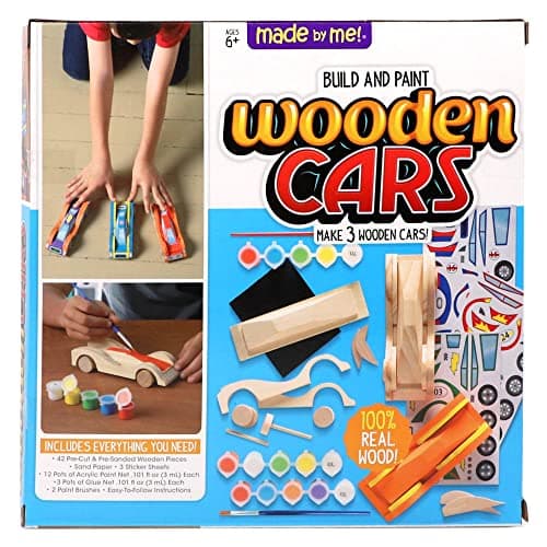 Made By Me Build & Paint Your Own Wooden Cars by Horizon Group USA, DIY Wood Craft Kit, Easy to Assemble & Paint 3 Race Cars, Multicolored