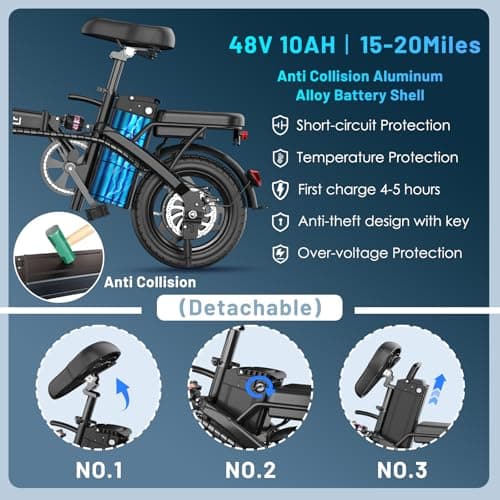 Foldable Electric Bike for Adults and Teens, 700W Peak Motor Ebike with 30-60 Miles PAS Range, 14" Folding Mini E Bike for Commute, Electric Bicycle with 48V Removable Battery