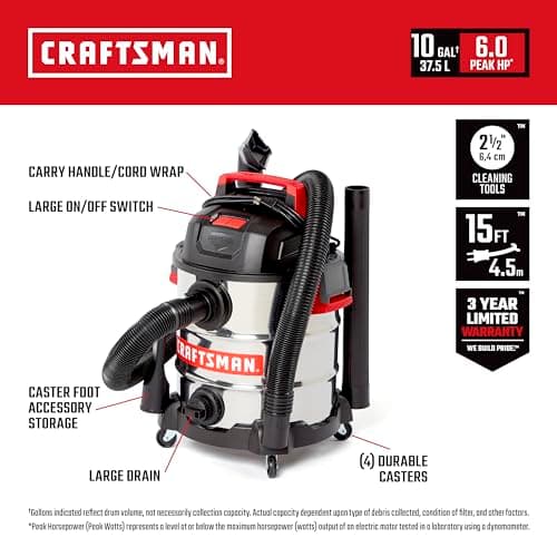CRAFTSMAN CMXEVBE17155 10 Gallon 6.0 Peak HP Stainless Steel Wet Dry Vac, Portable Shop Vacuum Wet and Dry with Filter, Hose and Attachments for Home and Garage Use