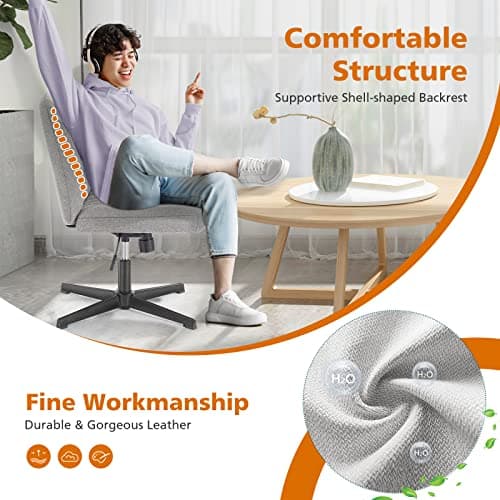 Sweetcrispy Criss Cross Chair Legged, Armless Office Swivel Desk Chairs No Wheels, Vanity Height Adjustable Wide Seat Comfy Cute Computer Task Seating for Home Bedroom, Grey
