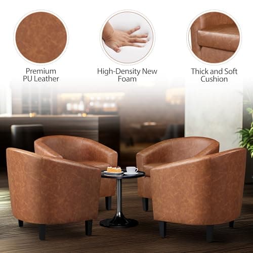 Yaheetech Brown Accent Chairs Set of 2, Faux Leather Barrel Chairs, Comfy Modern Leather Club Armchairs with Soft Seat for Living Room Bedroom Reading Waiting Room