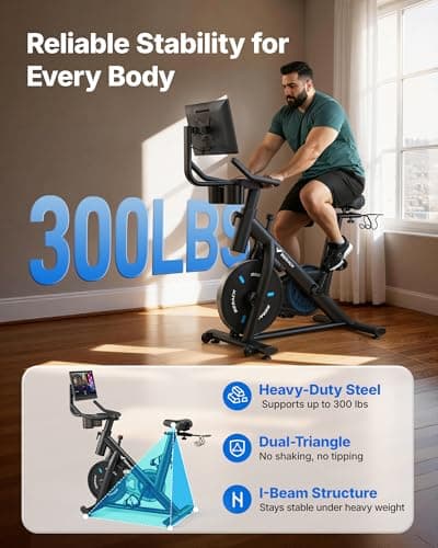 MERACH Exercise Bike, Brake Pad Stationary Bike with Exclusive App, Low Noise Indoor Cycling Bike with 300lbs Weight Capacity, Tablet Mount and Fitness Courses for Weight Loss