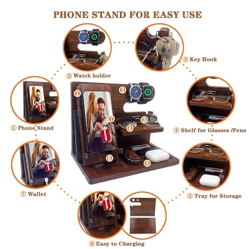 VEIYAILU Gifts for Men Boyfriend Him Brother Nightstand Organizer Gift for dad from Daughter Son Wood Phone Docking Station Anniversary Birthday Gifts (Walnut) B0GC5FQY5H
