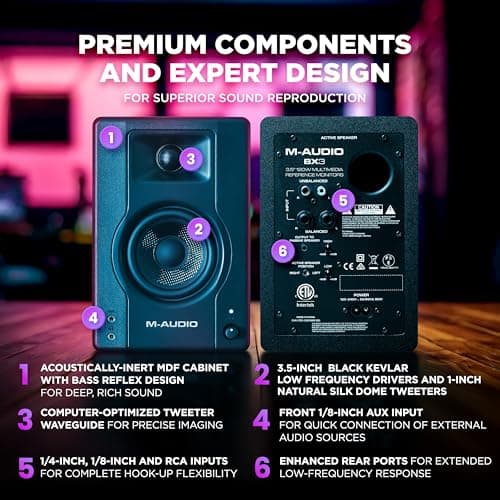 M-AUDIO BX3 Pair 3.5" Wired Studio Monitors and PC Speakers for Recording and Multimedia with Music Production Software