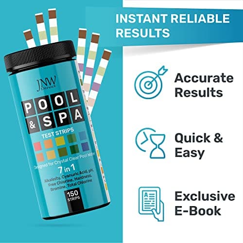 JNW 7-in-1 Pool Test Strips, 150 Quick & Accurate Test Strips for Pool Water, Spa Test Strips for Hot Tub, Chlorine Test Strips, Bromine, pH, Alkalinity, Hardness & More - Swimming Pool Test Kit