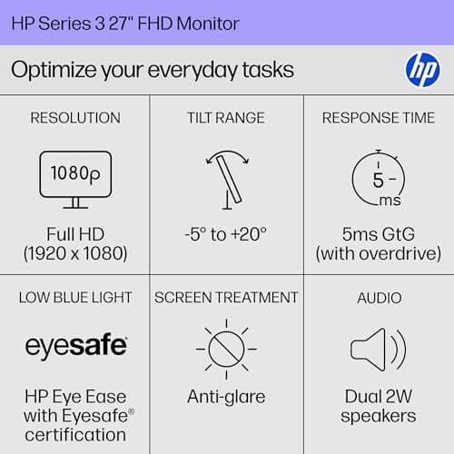 HP Series 3 27 inch FHD Monitor, Full HD Display (1920 x 1080), IPS Panel, 1300:1 Contrast Ratio, 250 Nits, Eye Ease with Eyesafe Certification, Black, 327se (2025)