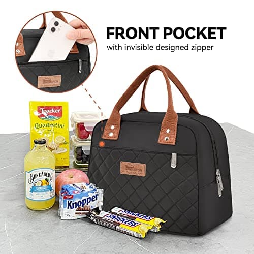 HOMESPON Insulated Lunch Bag for Women Men Adults Lunch Tote with Front Pocket Lunch Box Container Cooler Bag for Work Picnic (Black)