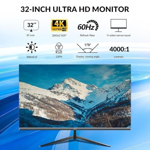 32 Inch 4K UHD Monitor (3840x2160), IPS,60Hz Refresh Rate, 120% sRGB, AMD FreeSync, 178° Viewing Angle, HDMI/DisplayPort, VESA 100x100mm Mount Compatible, Tilt Adjustable - Black