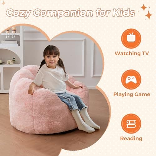 MAXYOYO Kids Bean Bag Chair, Floral Shaped Bean Bag Sofa, Plush Faux Fur Toddler Couch with Petal Backrest for Boys Girls, Stuffed Cozy Sofa for Nursery, Bedroom, Pink