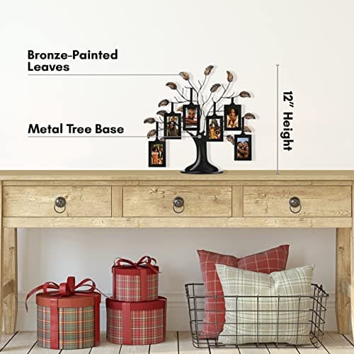 Americanflat Family Tree Picture Frame - Includes 6 Hanging 2x3 Picture Frames - Adjustable Ribbon Tassels - Ideal as Mother’s Day Gifts, Birthday Gifts, or Christmas Decor - Black and Bronze
