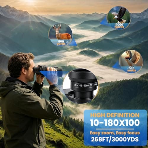 10-180x100 Zoom Binoculars for Adults, Day/Low Light Night Vision High Powered Binoculars with BAK4 & FMC Lens, Waterproof Fogproof for Hunting Birdwatching Travel Sports Concerts Gift for Men