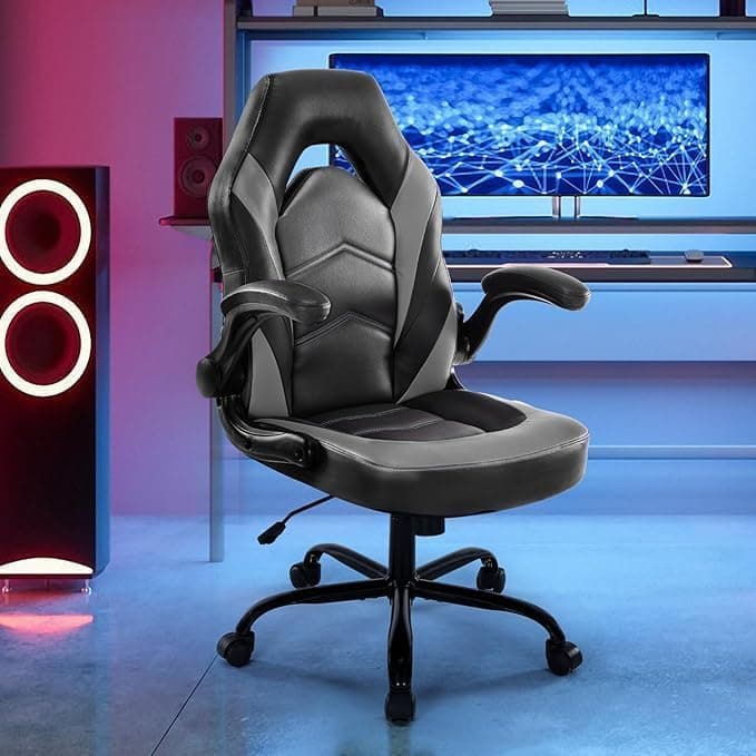 DUMOS Ergonomic Computer Gaming Chair with Flip-up Armrest, Height Adjustable PU Leather Home Office Desk Chair with Lumbar Support Swivel Wheels and for Adults and Kids, Black and Gray