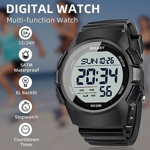 Beeasy Men Digital Sports Watch,Waterproof Watch with Stopwatch Countdown Timer Alarm Function Dual Time Rubber Strap Wrist Watch for Men/Student