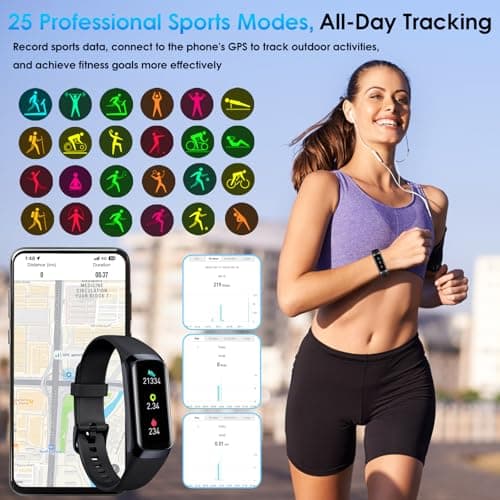 Fitness Tracker, 24/7 Heart Rate Blood Oxygen Blood Pressure Body Temp Monitor Sleep Calorie Tracker with 1.1" AMOLED Touch Color Screen Pedometer Smart Watch Waterproof for Women Men