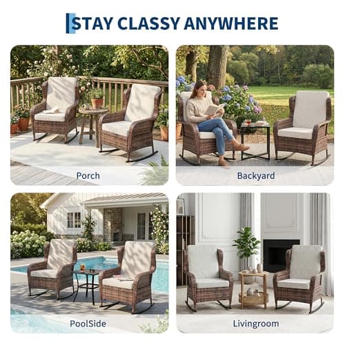 Patio Rocking Chair for Outdoor, Rattan Wicker Chair with Thick Cushions & Steel Frame, All-Weather PE Chair for Garden, Backyard, Porch, Deck