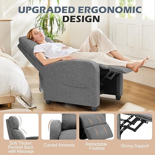 Sweetcrispy Massage Recliner Chair for Adults, Adjustable Home Theater Seating with Lumbar Support for Living Room, Modern Fabric Reclining, Grey