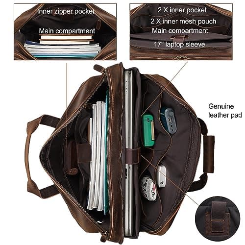 Masa Kawa Leather Briefcase for Men 17/15.6" Laptop Crossbody Shoulder Messenger Bag Business Travel Work Attache Case