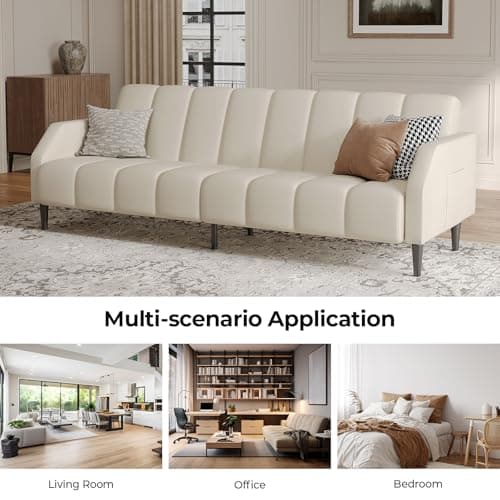 Fadware Faux Leather Couch, Convertible Futon Sofa Bed with Adjustable Backrest, Mid Century Leather Sofa Loveseat with Side Pockets& Metal Leg, Modern Leather Sleeper Sofa for Living Room Bedroom
