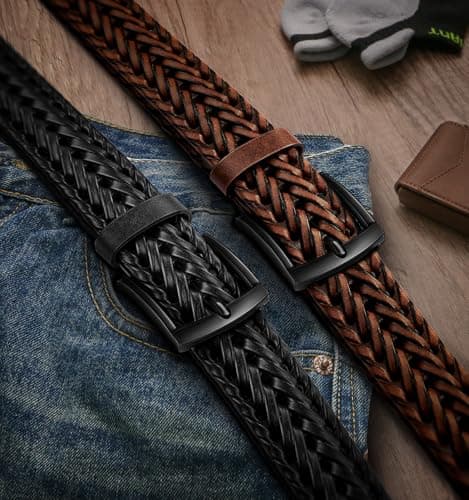 BULLIANT Men Belt 2Pack,Braided Woven Leather Belt For Men Golf Casual Jeans 1 3/8"