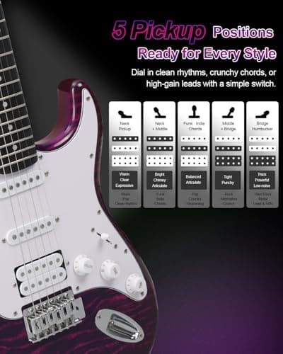 UST-200 Beginner Electric Guitar Kit HSS Pickup, Versatile 5-Way Switch for Clean to High-Gain Tone, Full-Size ST Style Guitar for Starter & Intermediate Players, Gig Bag, Digital Tuner Purple