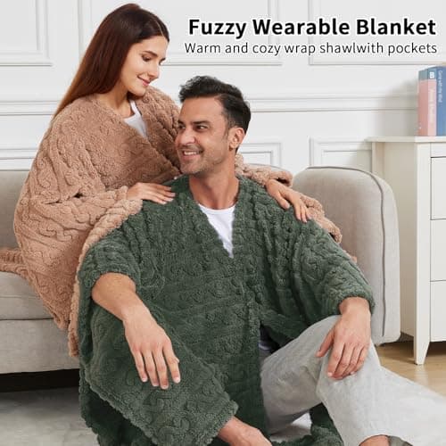 Wearable Blanket Poncho Cape Wrap for Adult, Cozy Sherpa Fleece Pocketed Shawl TV Throw Blankets for Office and Lounge,Green B0DJ8RLDQ3