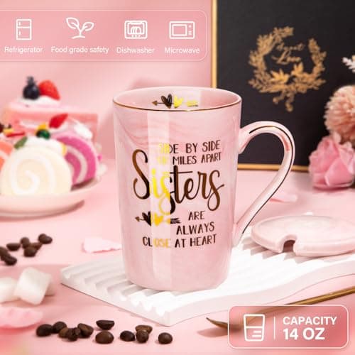 14oz Pink Marble Coffee Mug with Gold Print, Lid, Spoon, Greeting Card and Elegant Gift Box, Present for Big Sister Sister Birthday Gifts for Sister from Brother Sisters, 14oz Sisters Mug B0855VHN6G