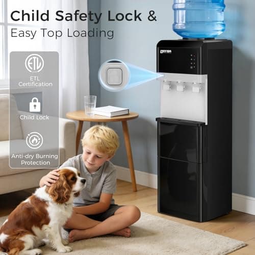 OSTBA Water Dispenser with Ice Maker for 3 & 5 Gallon Bottles, Top Loading Water Cooler with Hot Cold & Room Temperature Water, Bullet Ice Maker, Child Safety Lock for Home Office