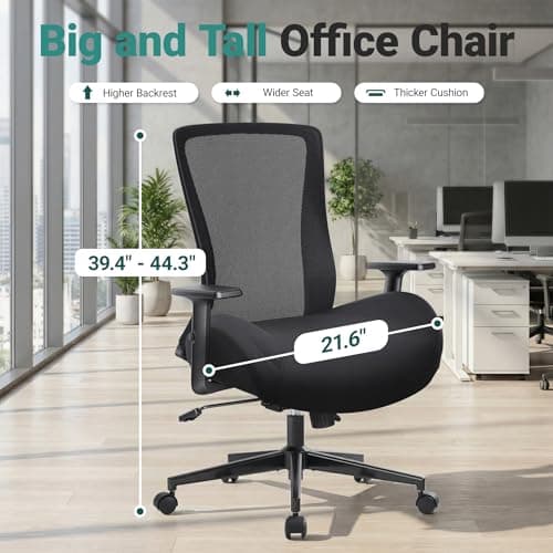Big and Tall Home Office Desk Chair 500lb Capacity for Heavy People, Ergonomic Wide Mesh Desk Chair with Stepless Recline & Lock, 5.5" Thick Cushion, High Back, Adjustable Height & Armrests