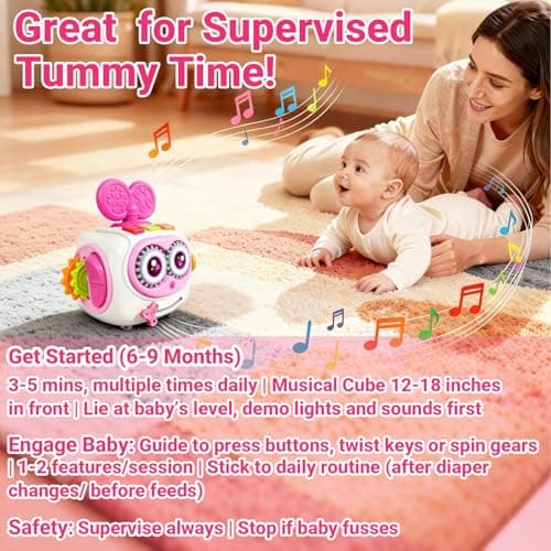 Montessori 6-in-1 Activity Cube, Lights & Sounds, Wheels for Tummy Time & Crawling Training, Birthday Gifts MoraBaby Toys for 1+ Year Old Girl, Musical Busy Cube for Toddlers 1-3 B0FVG81T31