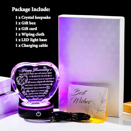 YWHL Wedding Anniversary Crystal Heart Gifts for Couple Parents, Happy Anniversary Marriage Gifts for Wife Husband Him Her Men Women with LED Base Romantic Presents for Girlfriend Boyfriend