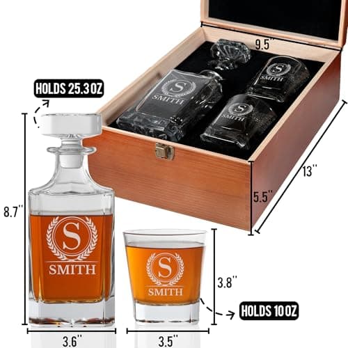Personalized Whiskey Decanter, Custom Liquor Decanter 25oz, Engraved Whiskey Glass Set With Wood Gift Box Options, Whiskey Gifts for Men, Dad, Birthday, Retirement, Wedding (Square Decanter)