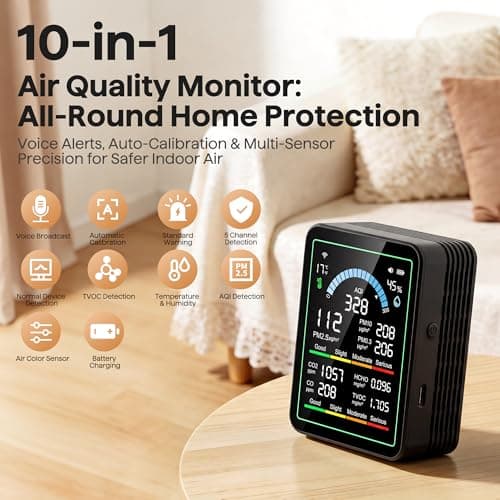 Air Quality Monitor Indoor, 10 in 1 Portable Smartair Quality Tester for CO2 | CO | TVOC | HCHO | Temp | AQI | PM0.3-1 Detection Suitable for Home, Cars, Plants, Pets and Hotels -Black