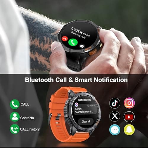 Military Smart Watches Built-in GPS, 170+ Sport Modes for Men with Flashlight, Smartwatch for Android Phones and iPhone, 1.43" AMOLED Screen Bluetooth Call Compass Altimeter (Black & Orange (2 Bands))