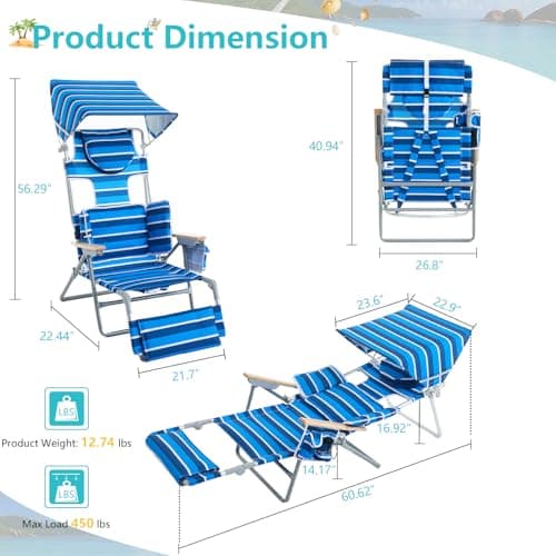 Oversized Beach Chair for Adults,5 Position Adjustable Tanning Chair with Sun Canopy,Folding Reclining Lounge Chir with Face Holes,Backpack Portable for Patio Pool Camping (Blue-White,Medium)