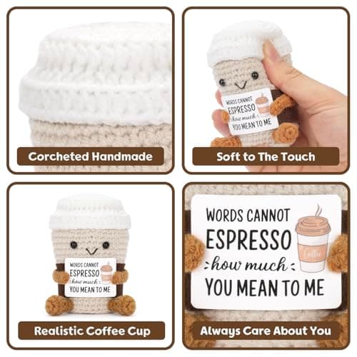 Funny Positive Coffee, Emotional Crochet Doll, Cute Crochet Potato Partner Toy with Positive Card Cheer Up Funny Gag Gifts for Best Friend Birthday Women Teacher Fall（Coffee B0DW8XPF2P