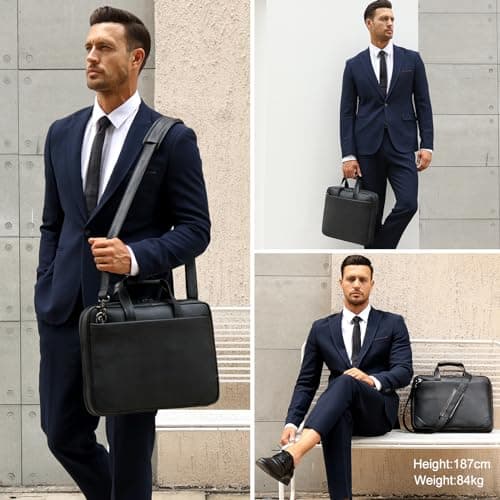Masa Kawa Leather Slim Briefcase for Men 16” Laptop Shoulder Messenger Computer Bag Business Travel Work Attache Case