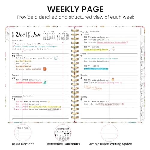 2026 Planner, Weekly and Monthly Calendar Planner for Women, Jan 2026 - Dec 2026, Hardcover Planning Agenda Book with Tabs, Spiral Bound, Inner Pocket, Perfect for School Office Supplies, 6.3" x 8.5" - Wildflowers