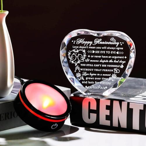 YWHL Wedding Anniversary Crystal Heart Gifts for Couple Parents, Happy Anniversary Marriage Gifts for Wife Husband Him Her Men Women with LED Base Romantic Presents for Girlfriend Boyfriend