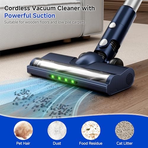 Cordless Vacuum Cleaner, Powerful Suction Vacuum Cleaners for Home, Anti-Tangle Pet Hair Brush, Lightweight, Self-Standing, Green LED Headlight, 6-in-1 Stick Vacuum for Carpet Hardwood Floor-Dark Blue