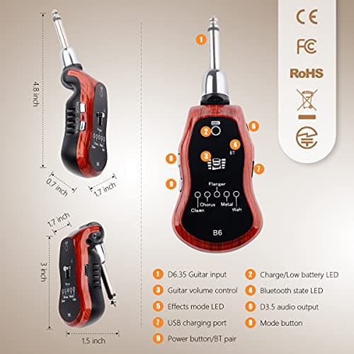 Kithouse B6 Guitar Headphone Amp Mini Plug Guitar Amplifier Bluetooth Rechargeable For Electric Travel Pocket Guitar With Reverb/Chorus/Flanger/Overdrive/Wow Wah 5 Effects(Mahogany Color)