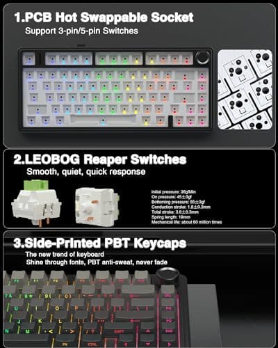 AULA F75 Pro Wireless Mechanical Keyboard,75% Hot Swappable Custom Keyboard with Knob,RGB Backlit,Pre-lubed Reaper Switches,Side Printed PBT Keycaps,2.4GHz/USB-C/BT5.0 Mechanical Gaming Keyboards