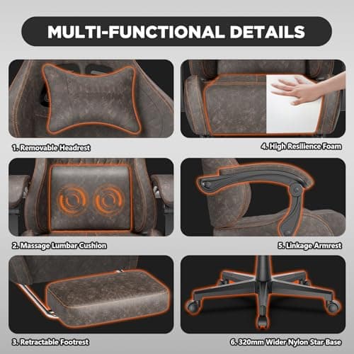 Ferghana Vintage PU Leather Gaming Chair, Ergonomic Gamer Chair with Massage, High Back Computer Office Chair with Footrest for Adults, Racing Style Reclining Video Game Chair (Brown)