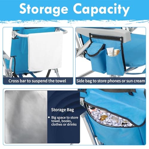 Outvita Backpack Beach Chair, 5 Level Adjustable Positions Beach Chair with Back Storage Bag, Cooler Pouch and Side Bags for Beach Poolside Lawn