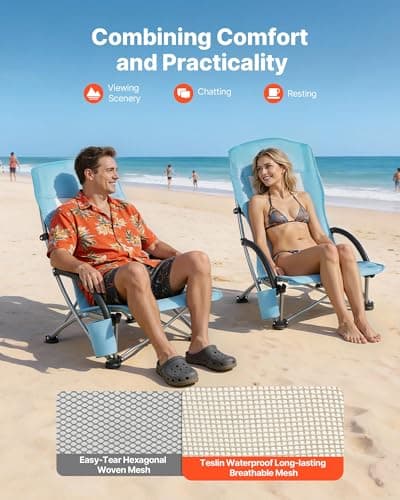 VEVOR Folding Beach Chair, High Back Camping Chairs for Adults, with Cup Pocket, Mesh Back, Carry Bag, Portable Extra Wide Seat Chair 330 lbs Heavy Duty Support, for Outdoor, Camp, Light Blue