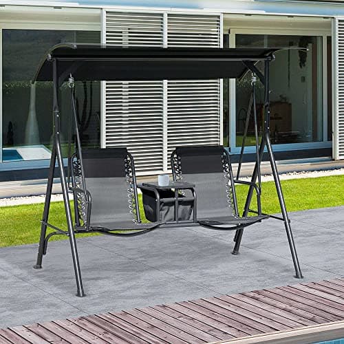 Outsunny 2-Seater Patio Swing Chair, Outdoor Canopy Swing Glider with Pivot Storage Table, Cup Holder, Adjustable Shade, Bungie Seat Suspension and Weather Resistant Steel Frame, Black