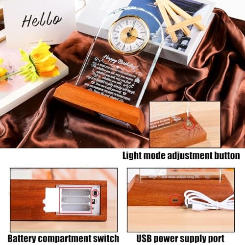 Unique Birthday Keepsake, Wooden LED Light Base, Presents for Daughter Son Mom Dad Granddaughter Friends, Home Office Decor Arikyrist Happy Birthday Gifts for Women Men Glass Quartz Clock for Him Her B0GJ4XSTVF